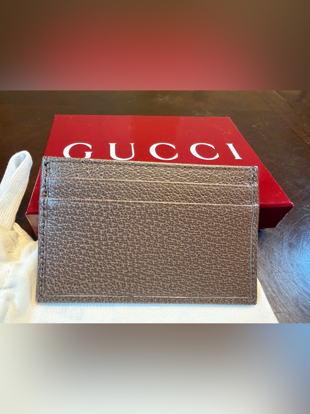 New Authentic Gucci GG Supreme Logo Card Case Wallet Brown Green Leather - Picture 4 of 9